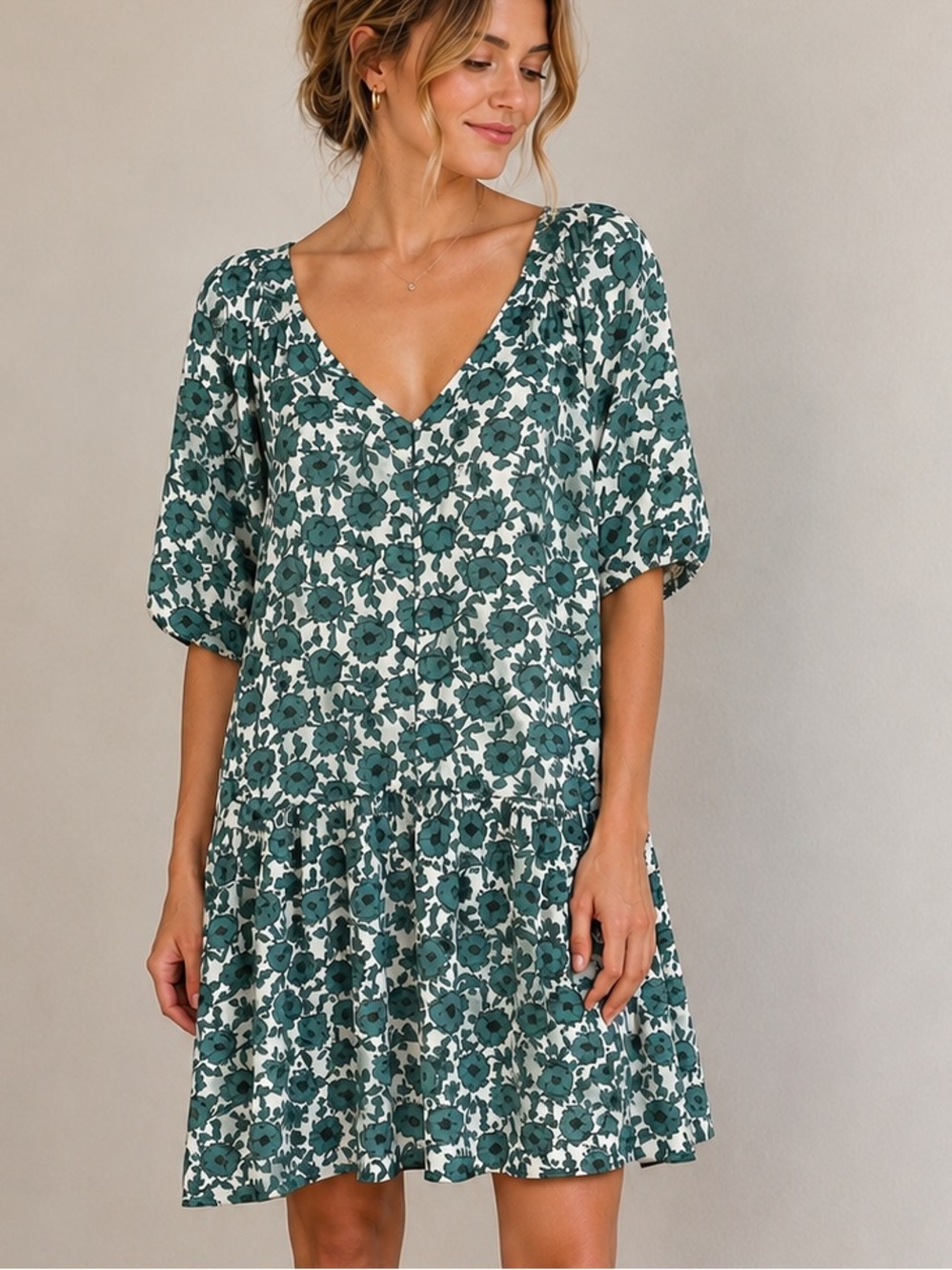 Treasure & Bond Nordstrom Green Floral Cottagecore Drop Waist Dress Large